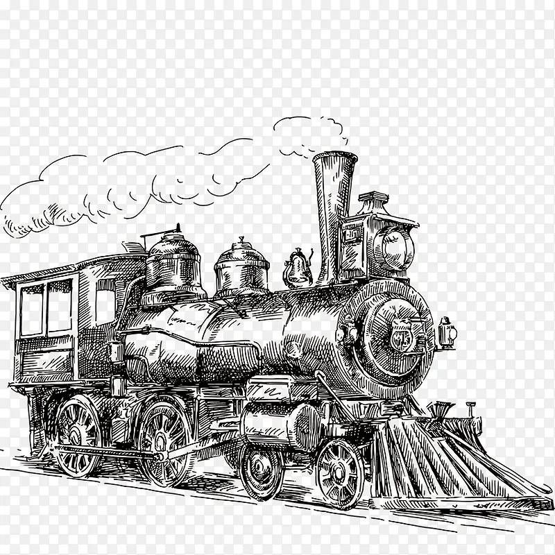 黑白手绘钢笔插图蒸汽怀旧火车