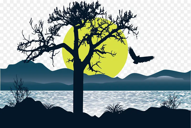 矢量黑色湖边冬夜