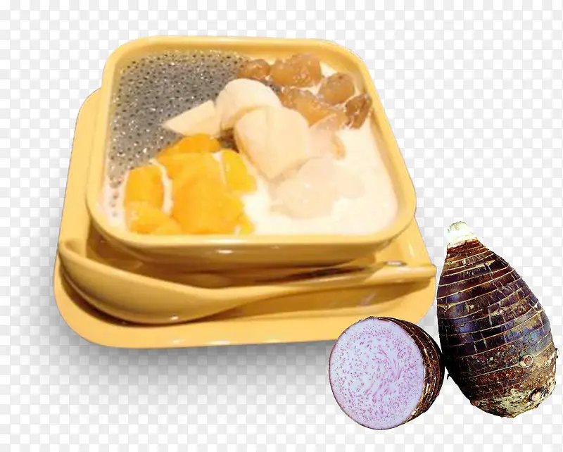 黄色碟子里的香芋芒果西米露