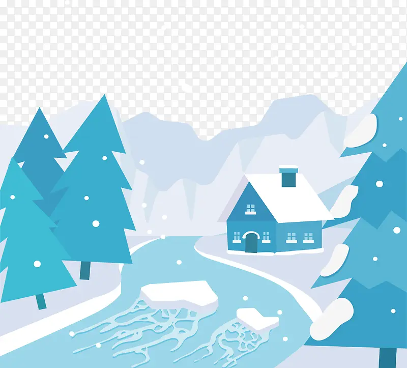卡通下雪湖边的小屋