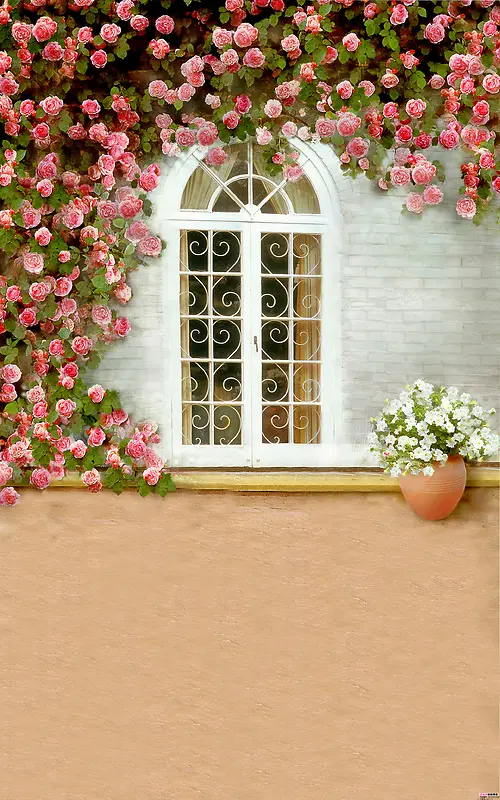 白色欧式窗户蔷薇海报背景