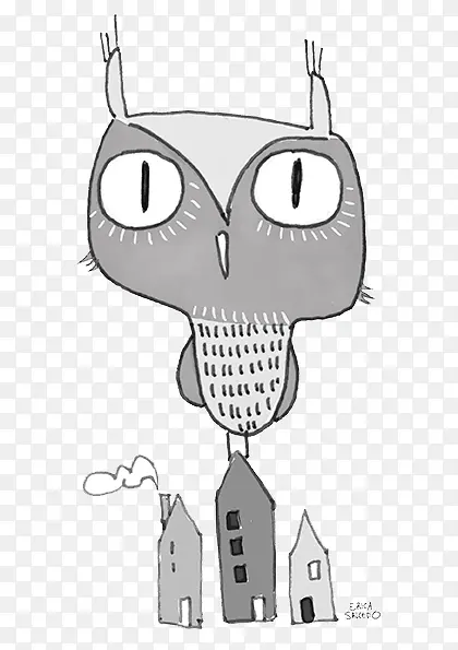 手绘灰色猫头鹰房子