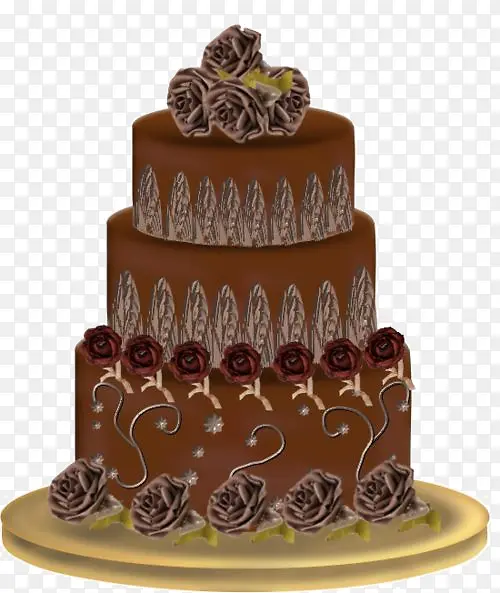 三层巧克力蛋糕深色玫瑰装饰