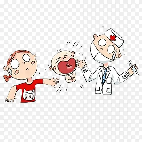 卡通哭闹的宝宝妈妈和医生