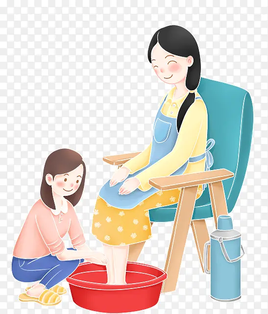 卡通给妈妈洗脚的孩子与妈妈