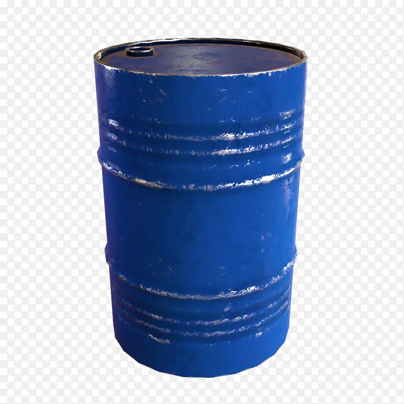 一个破旧蓝色大桶圆柱形机油桶