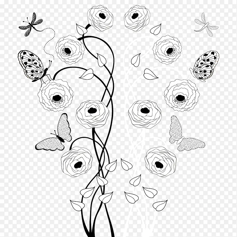 手绘线描花卉蝴蝶装饰矢量图