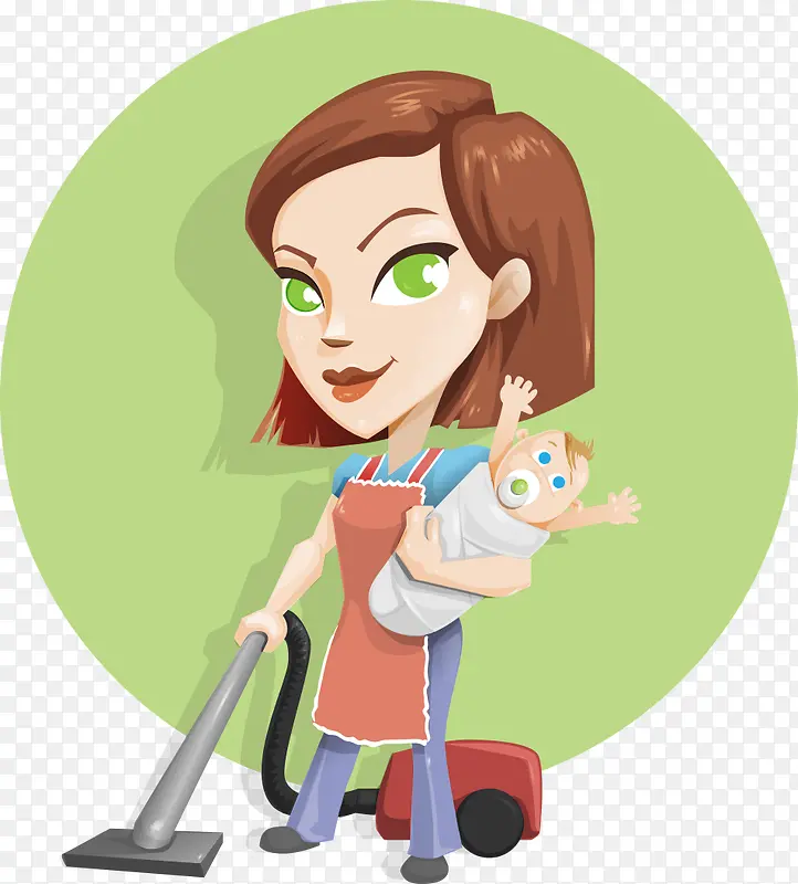 卡通手绘家庭主妇吸尘器抱婴儿