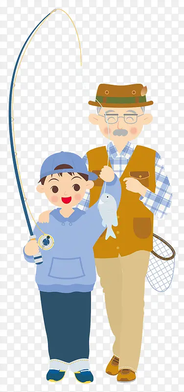 卡通人物插图爷爷与孩子钓鱼