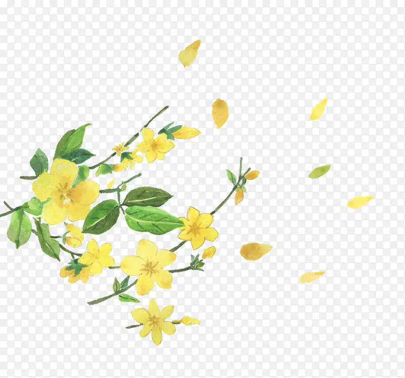 免抠春季飘散的黄色花朵树叶装饰