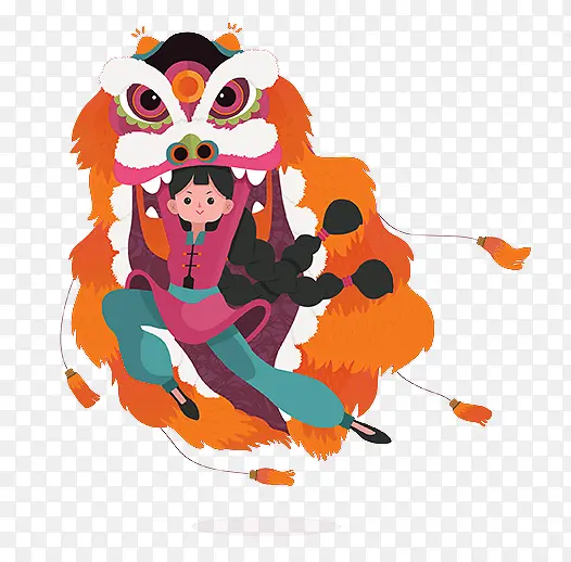 橙色中国风舞狮装饰图案
