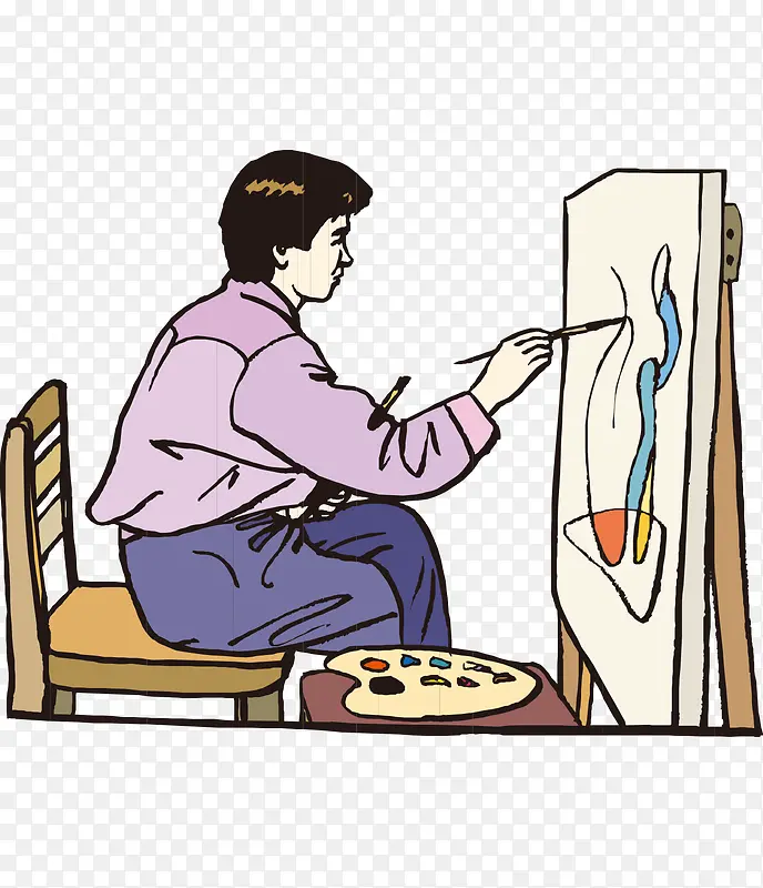 卡通手绘画板椅子画画的男人