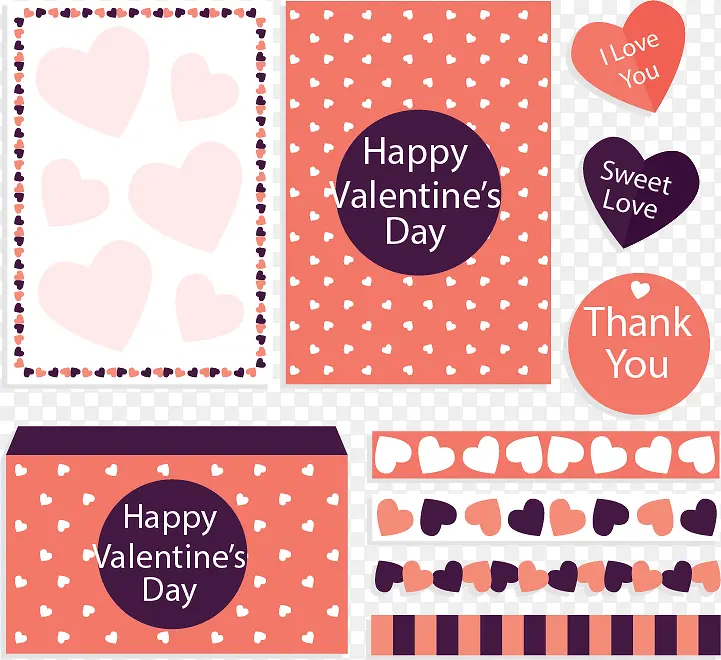 8款情人节卡片与装饰物矢量图