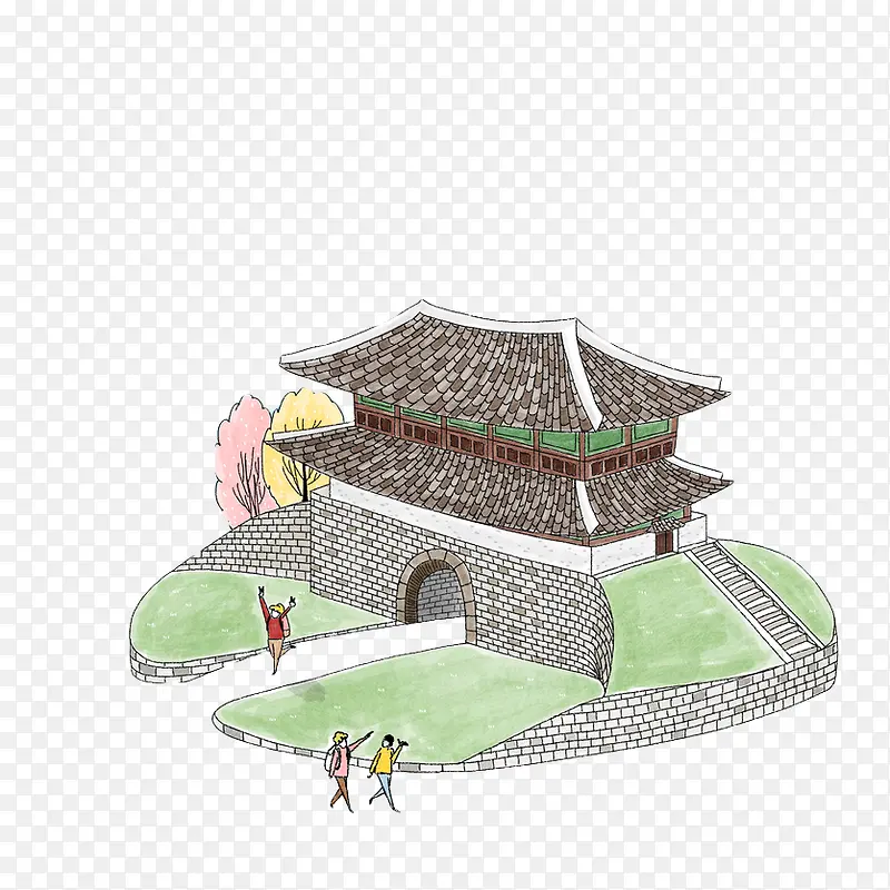 手绘彩色古建筑景点