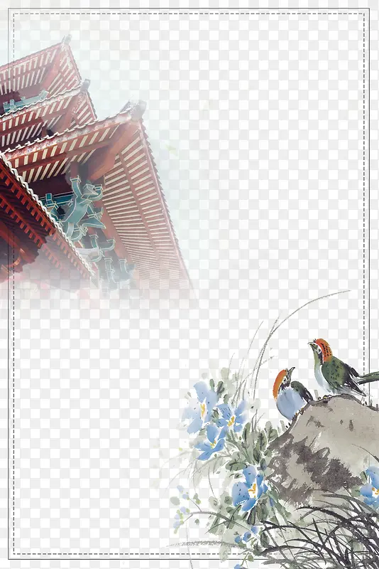 中国古建筑花鸟国画