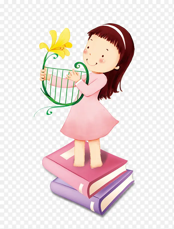 卡通穿着粉色裙子的弹竖琴的女孩