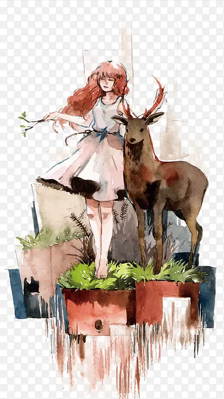 矢量水彩少女和鹿