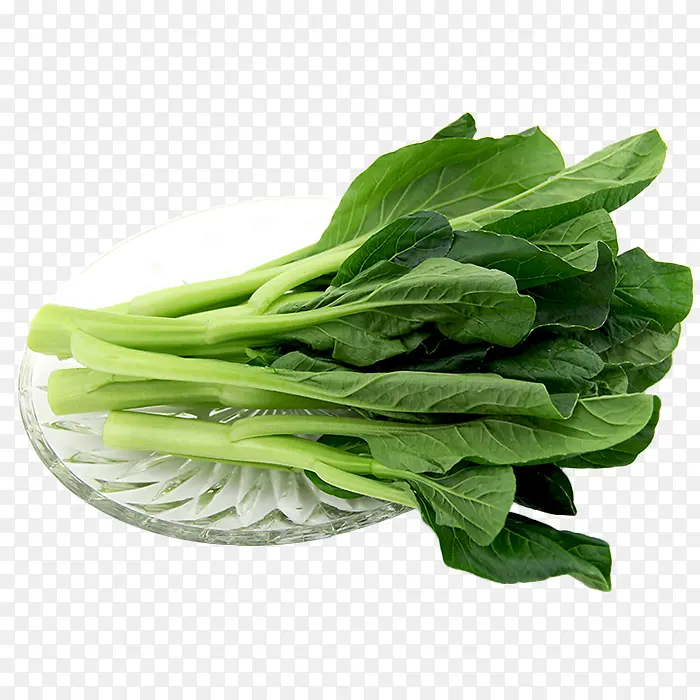 玻璃盘子里的新鲜绿色广东菜心实