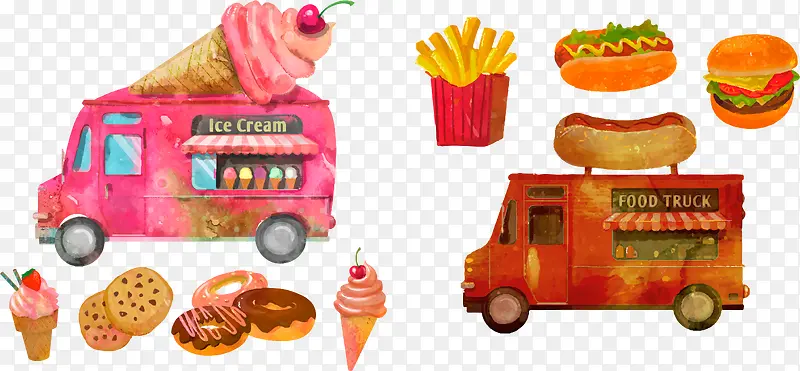 彩绘冰淇淋车和甜品矢量