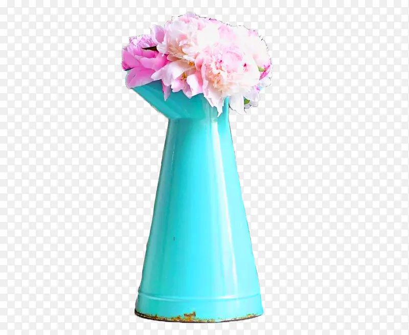 蓝色花瓶上的粉色花实物