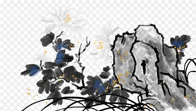 水墨中国风白菊与山石插画