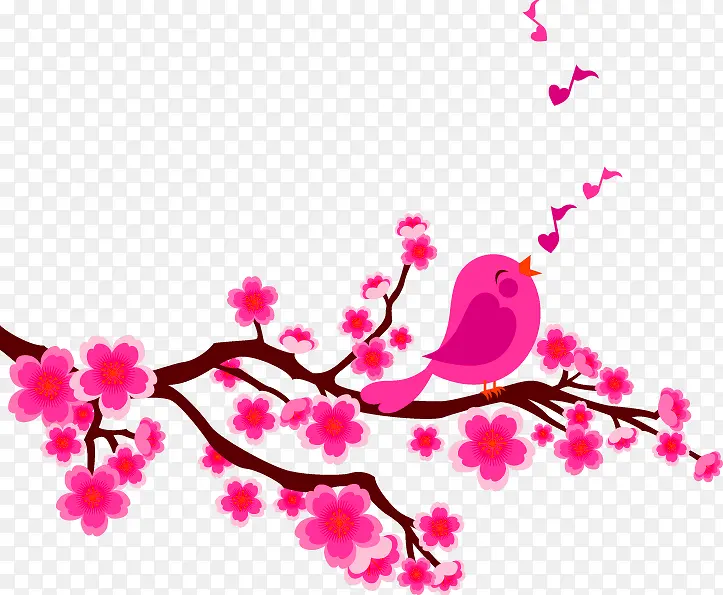 粉红色桃花卡通小鸟装饰图案