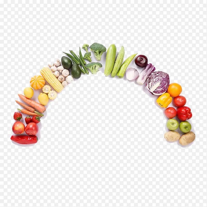 摆成彩虹形状的蔬菜水果