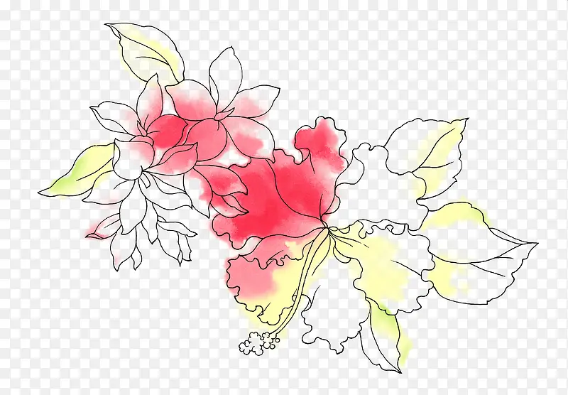 手绘红花黄叶图案