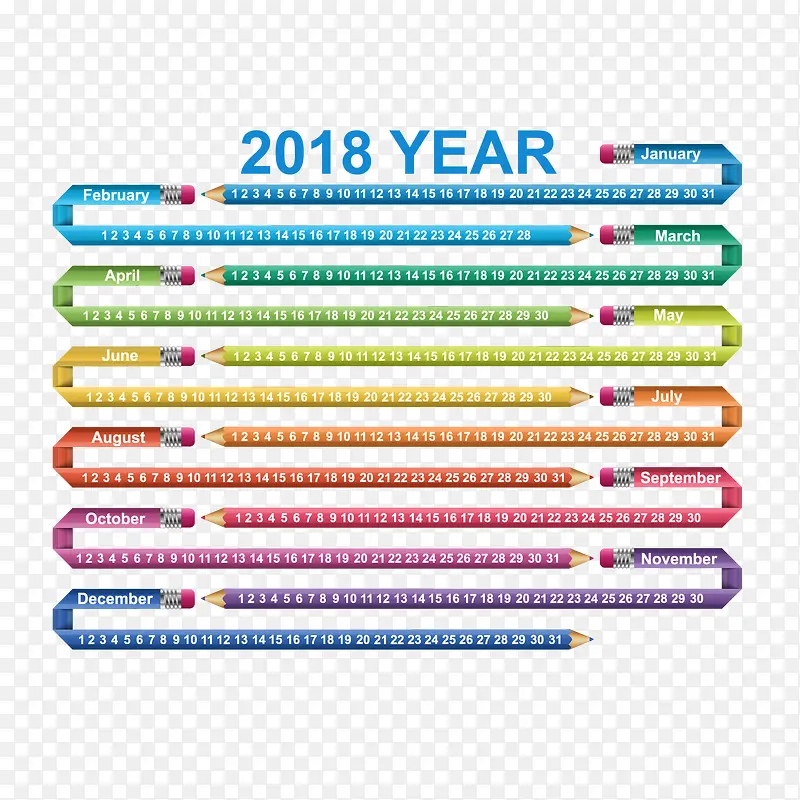 卡通2018彩色铅笔日历矢量图