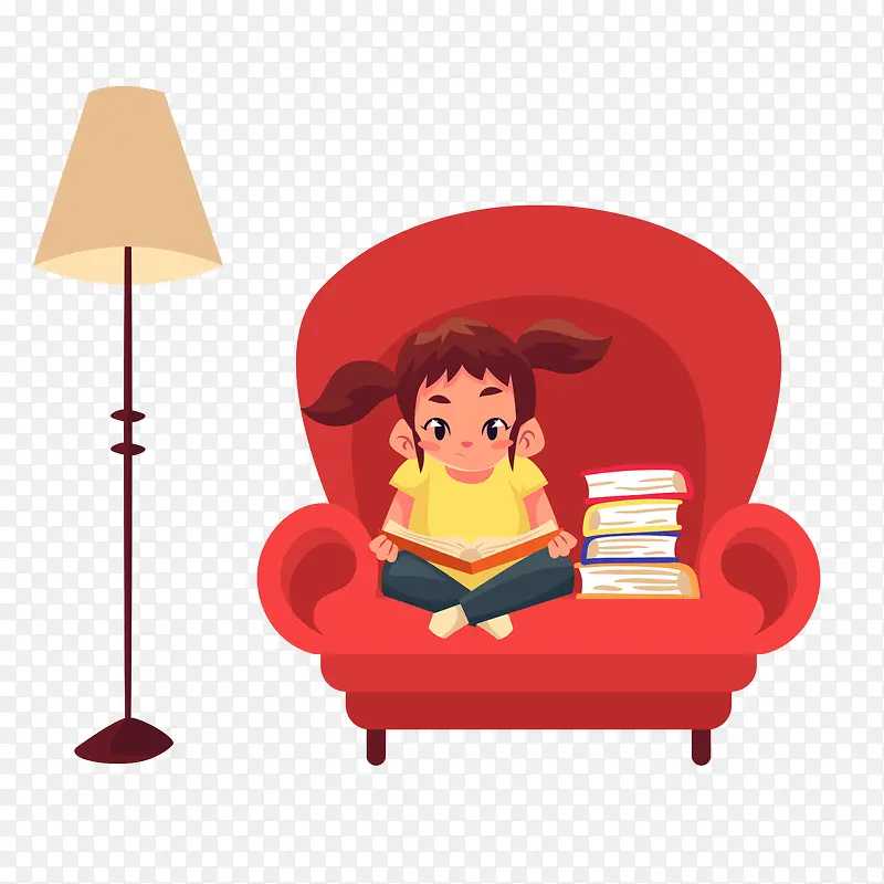卡通手绘坐在沙发上看书的小女孩