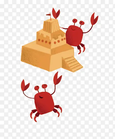 手绘螃蟹沙堆城堡