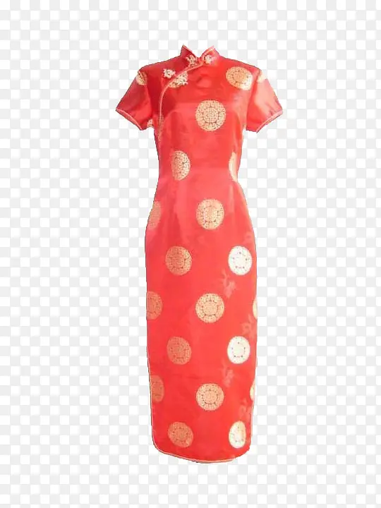 红底团花纹女式旗袍