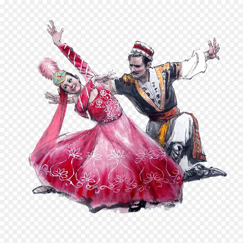 手绘新疆维吾尔族男女舞蹈