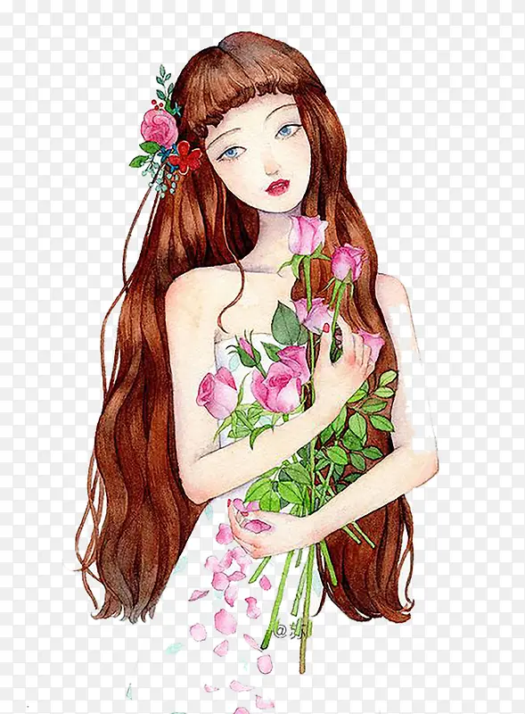 抱着玫瑰花的长发美女