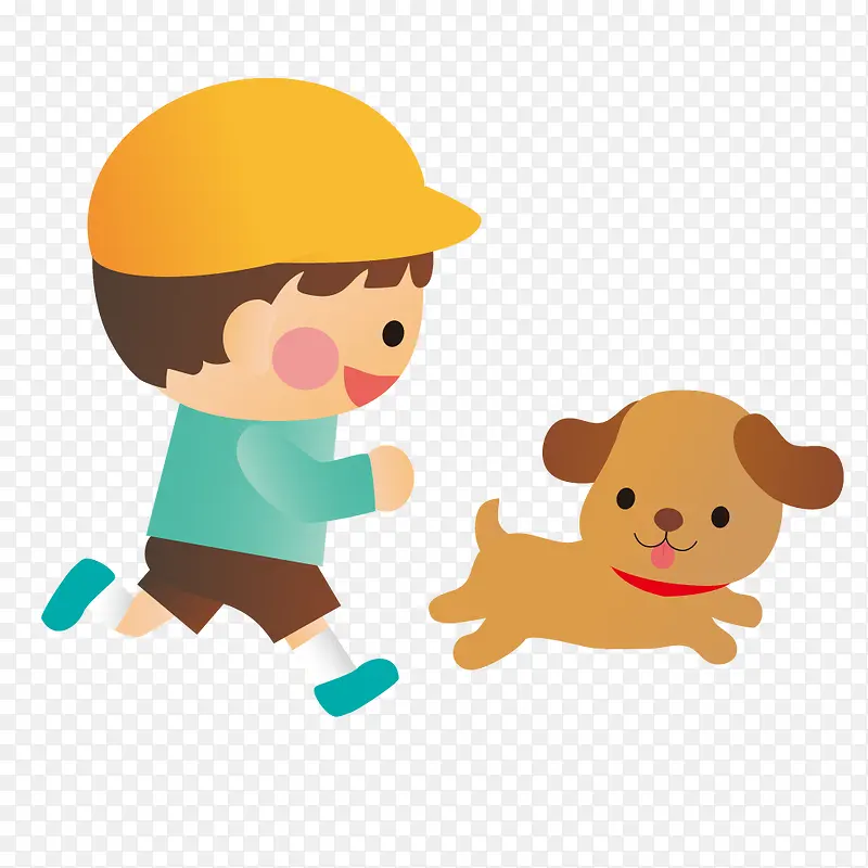 卡通小男孩和宠物狗玩耍