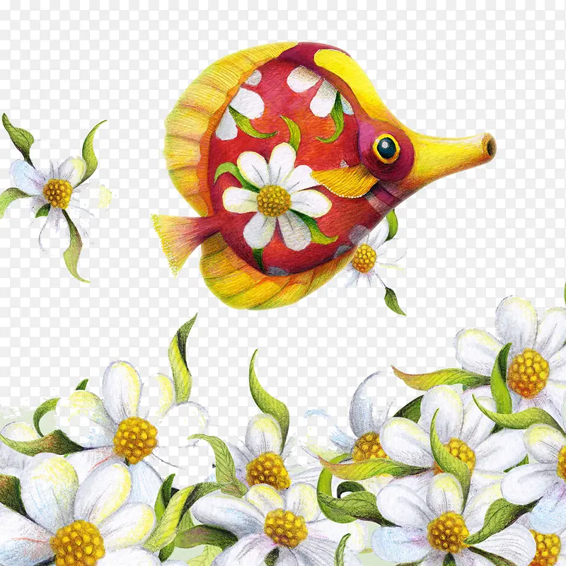 手绘花金鱼白色花卉图案