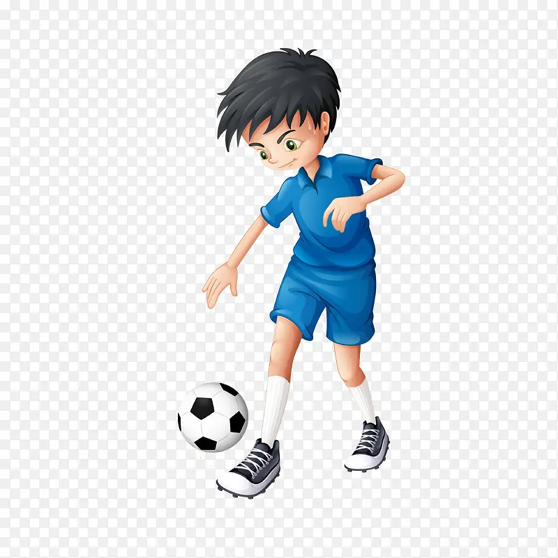 蓝色卡通风格踢足球的小男孩免抠
