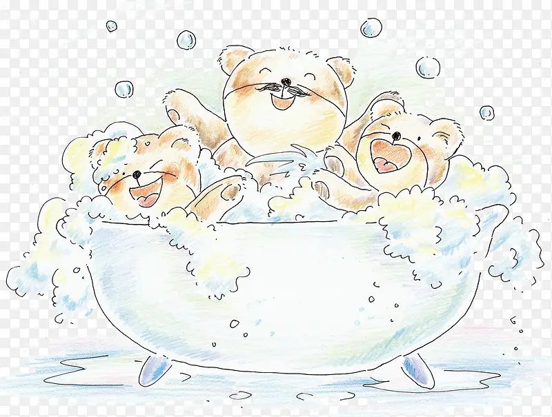 创意手绘水彩在洗澡的小熊