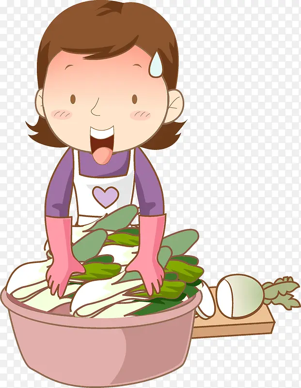 手绘洗蔬菜的女人场景图