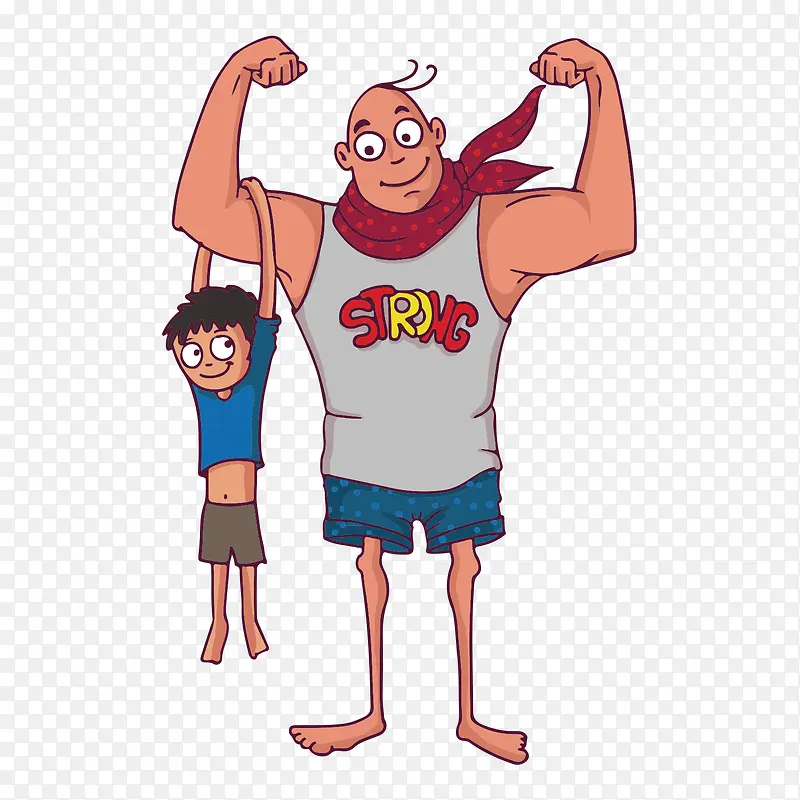 卡通肌肉父亲和瘦小孩子