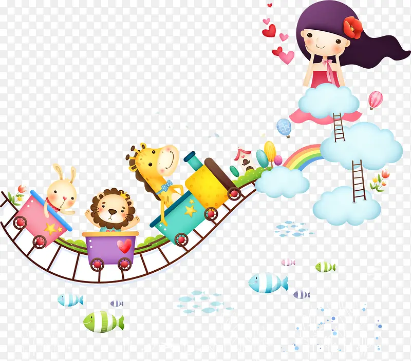 矢量火车动物插画与女孩