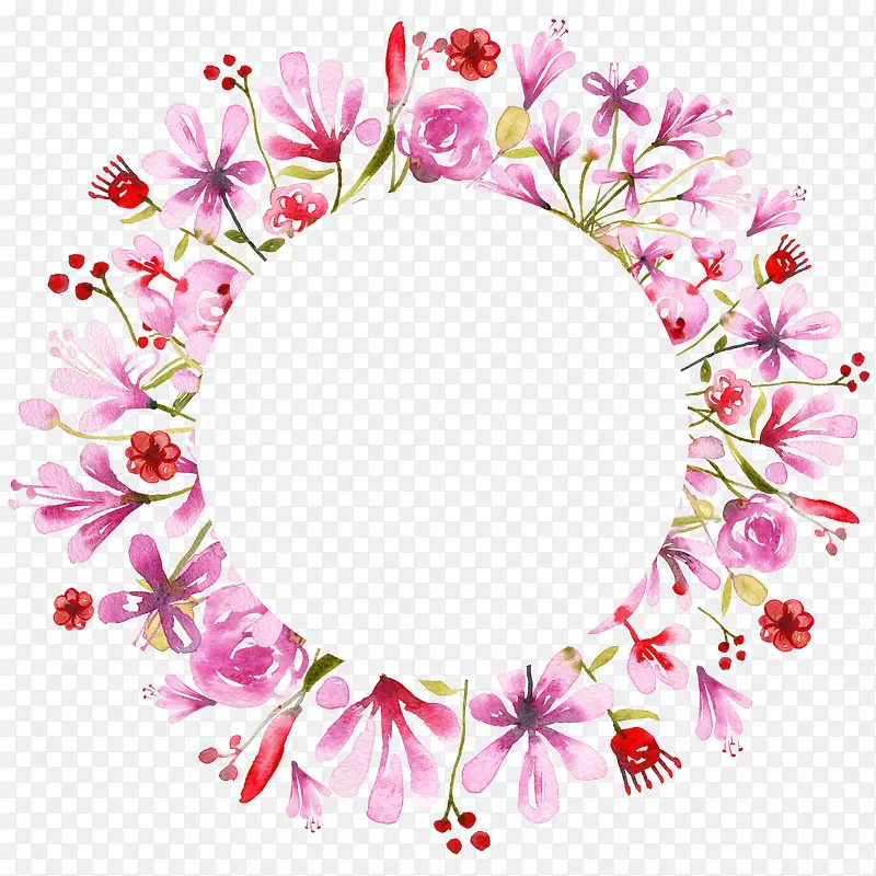 手绘粉色花卉花环花框