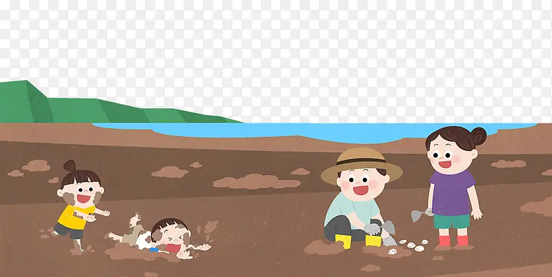卡通污泥边上玩耍的小孩子