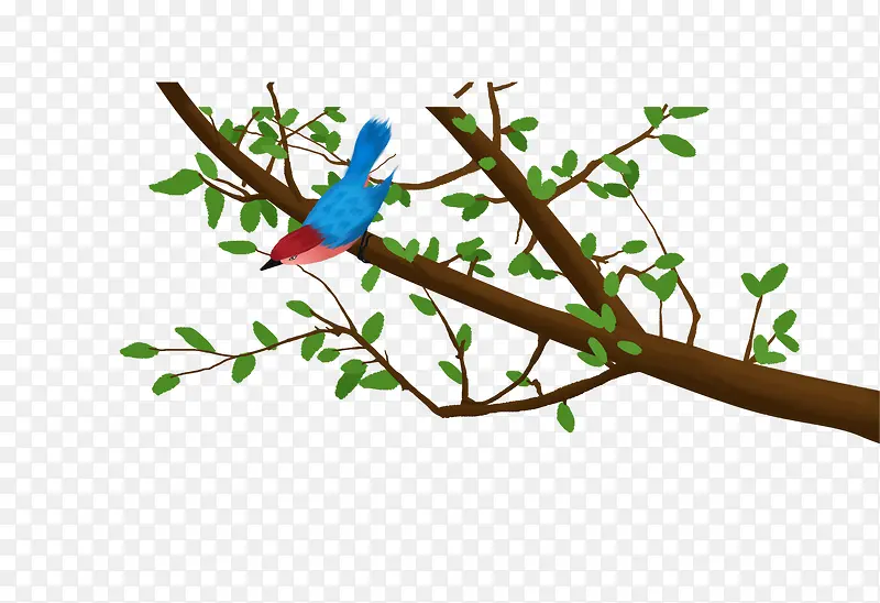 免抠卡通手绘树枝上蓝色的鸟