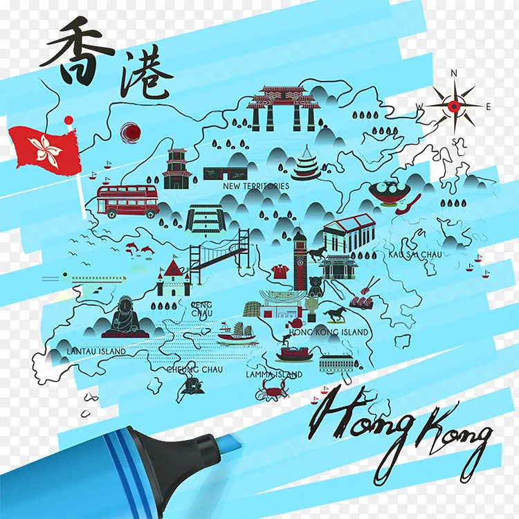 手绘香港旅游指南线路图