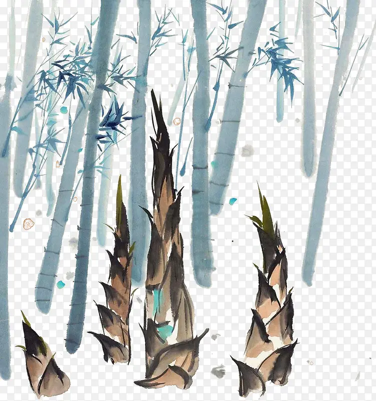 水墨画卡通竹林里的竹笋