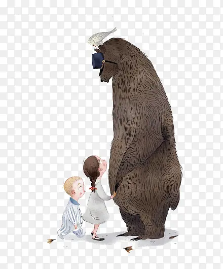 手绘黑熊与小孩