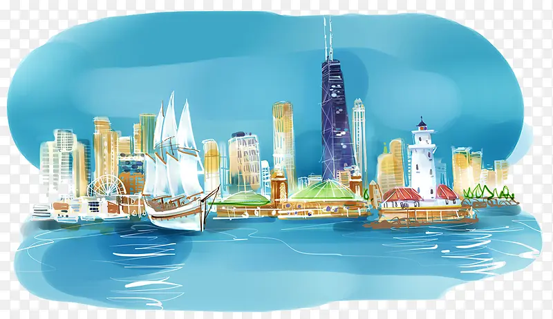 水彩手绘香港三大天然良港