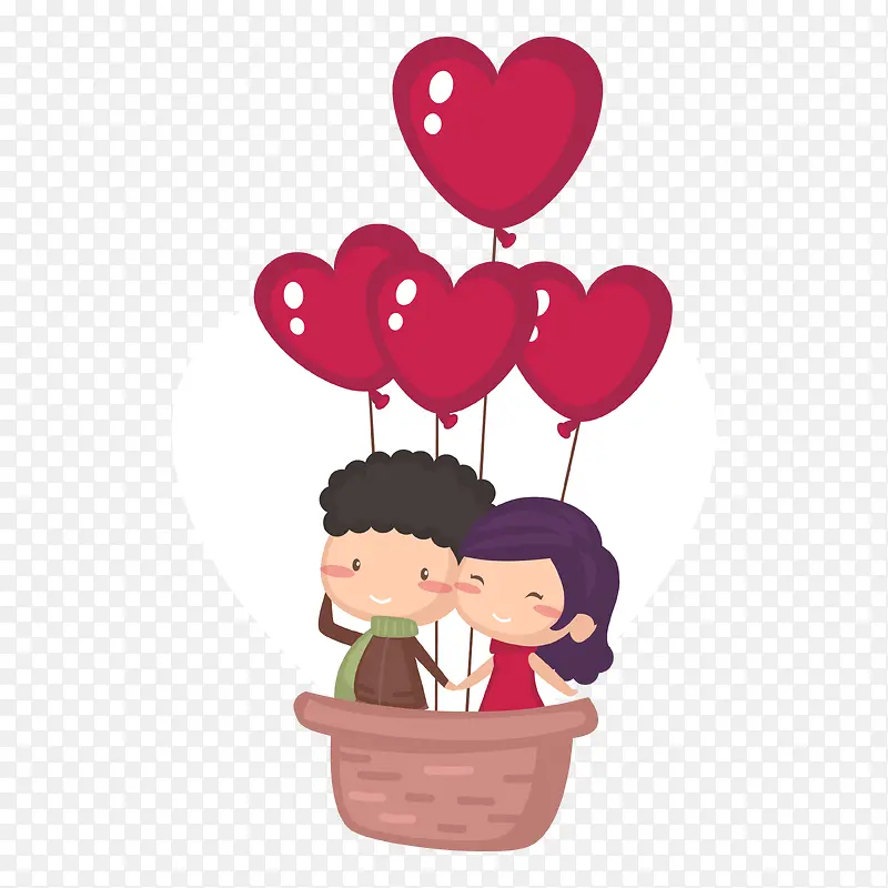 可爱情侣乘坐爱心热气球矢量插画