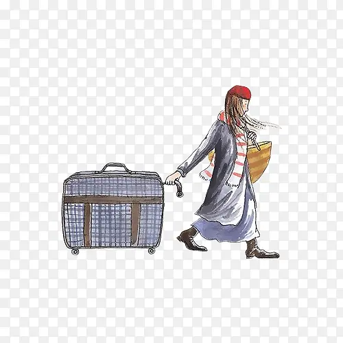手绘漫画拖着行李的女人